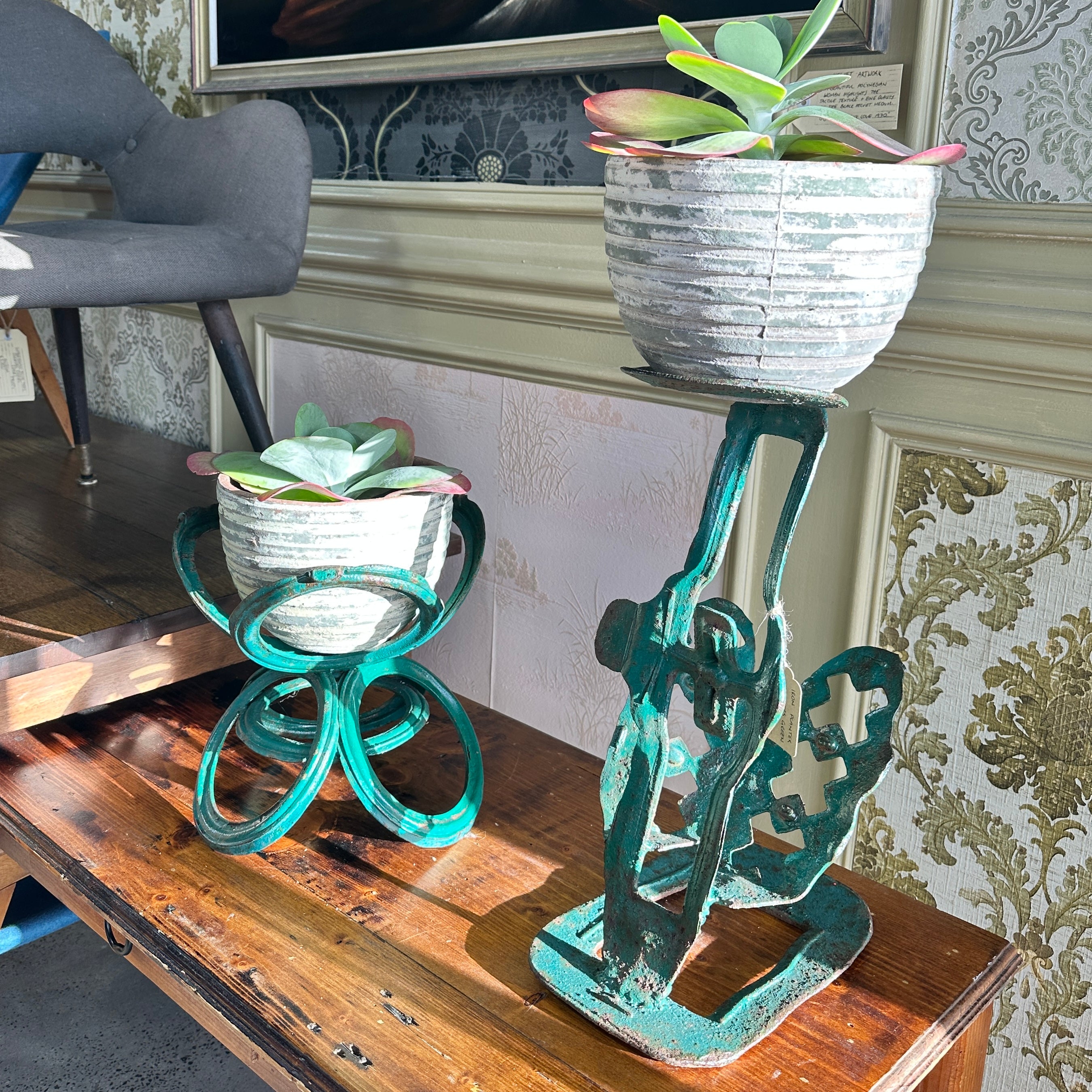 Vintage Iron Planter Holders  - Green